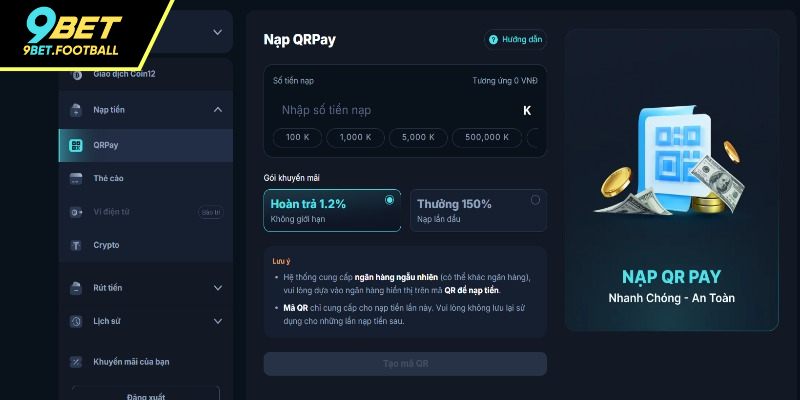 Điều kiện khi thao tác nạp tiền 9BET