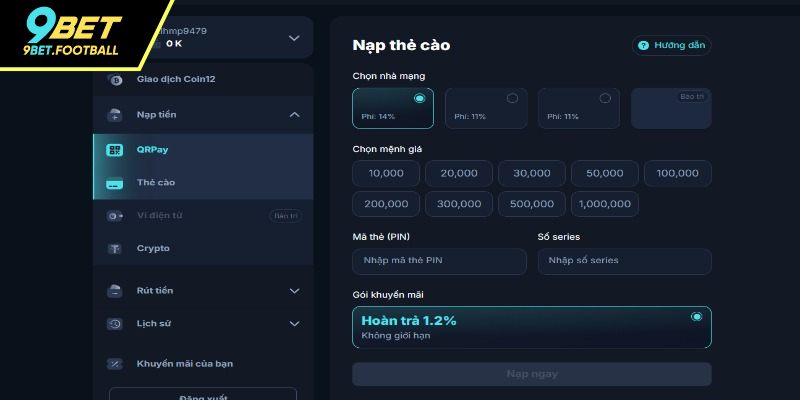 Quy trình khi nạp cược thông qua thẻ cào